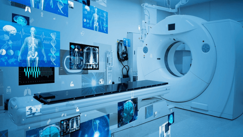 Modern hospital and communication network concept. Medical technology. MedTech.