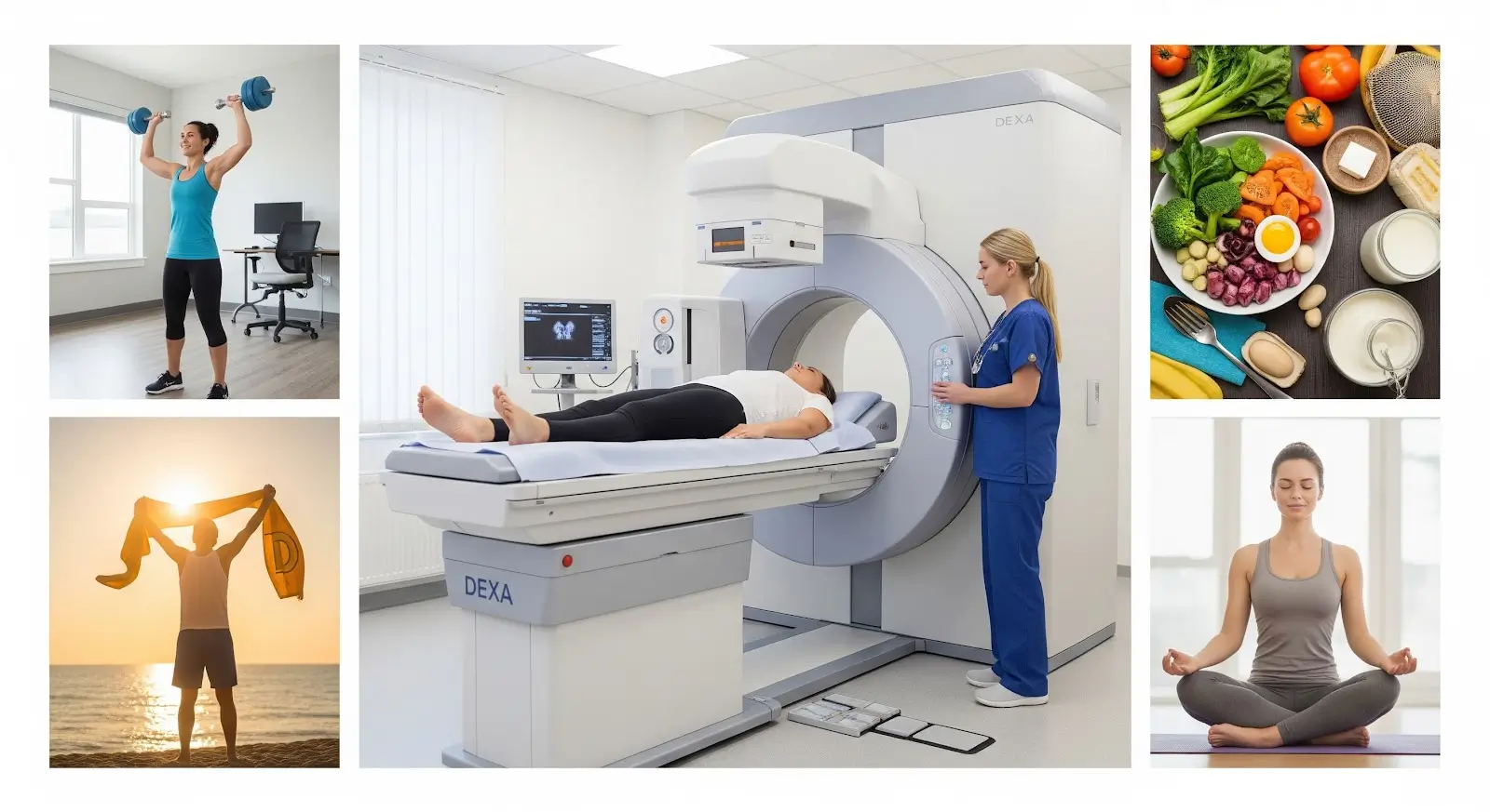 collage image of health, fitness, and dexa scan